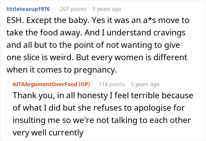 Screenshot of a Reddit conversation discussing a pregnant wife&rsquo;s cruel comment and the husband&rsquo;s hurt response.