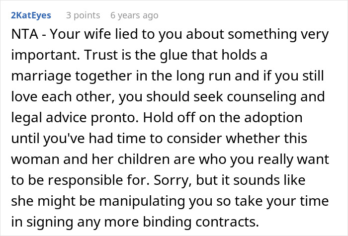 Screenshot of an online comment advising caution before adopting wife&rsquo;s kids due to hidden truths about their father.