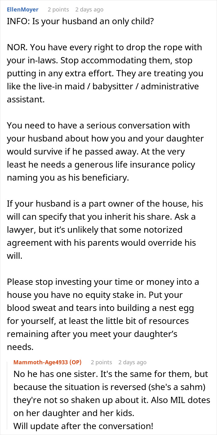 Online forum discussion about woman&rsquo;s expectations from in-laws regarding money gift to husband and family.