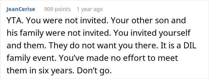 Comment explaining MIL&rsquo;s spite trip and the resulting anger from the DIL after rejection from son&rsquo;s family event.