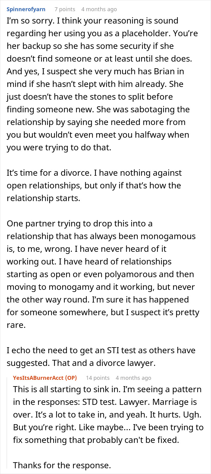 Screenshot of an online discussion about a guy crushed after wife says he doesn&rsquo;t excite her and open marriage.