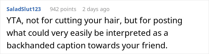 Screenshot of a forum comment discussing a woman buzzing her hair after a friend's wedding, sparking rumors she was forced to grow it out.