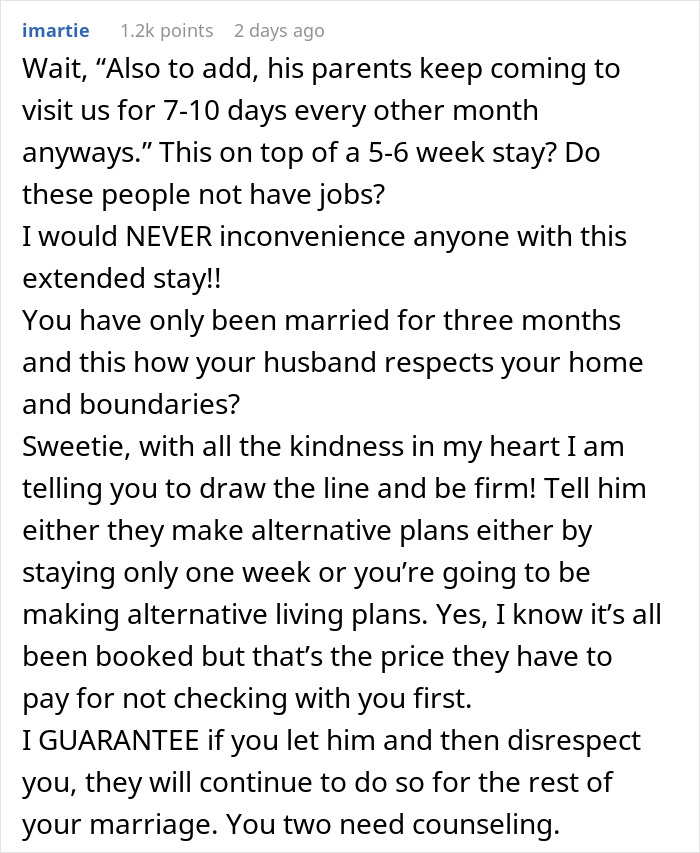 Comment discussing wife feeling hurt and disrespected after husband approves his family&rsquo;s extended stay without consulting her.