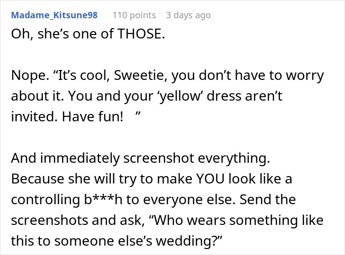 Text post discussing a woman wanting to wear a yellow dress to a wedding, causing conflict.