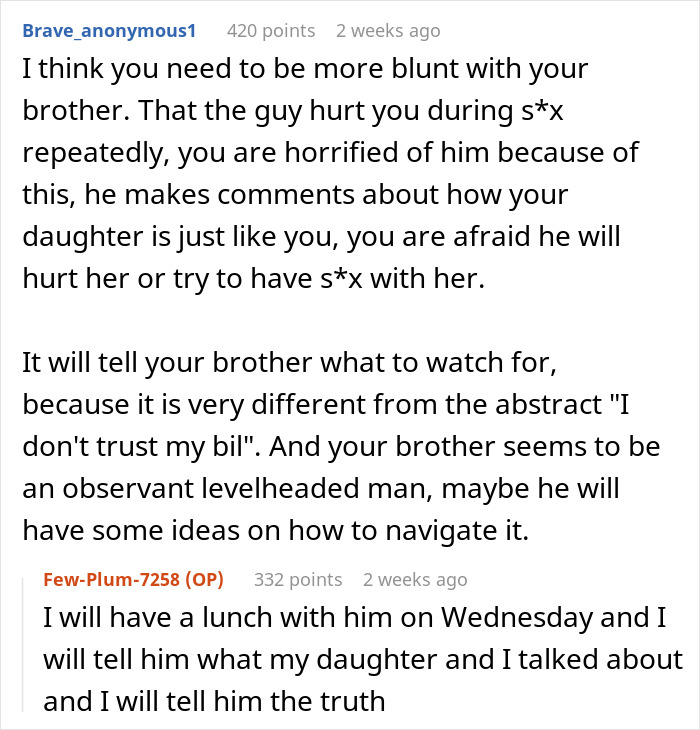 Text conversation about a woman’s horrible feeling about her brother-in-law and refusing to let her daughter near him. Text conversation about a woman’s horrible feeling about her brother-in-law and refusing to let her daughter near him.