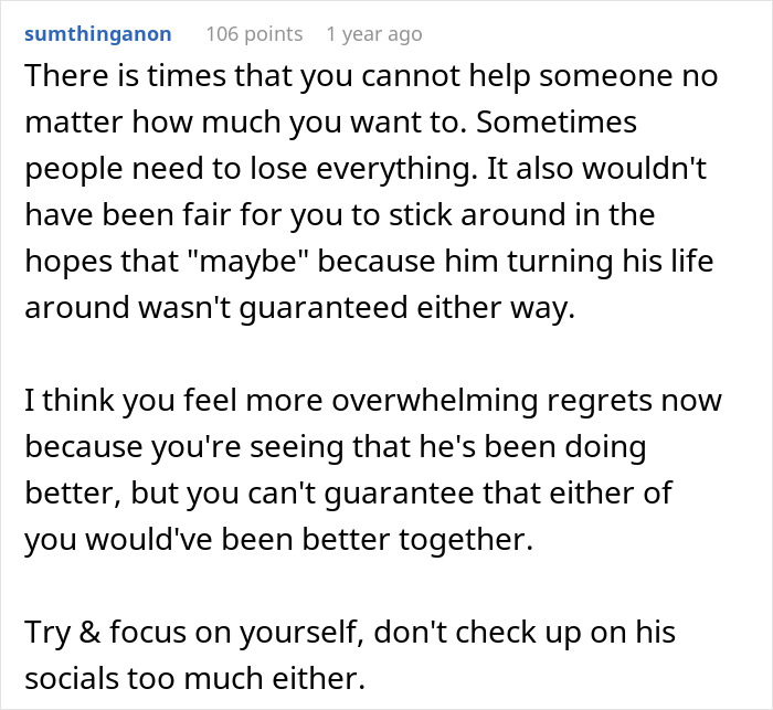 Reddit comment discussing feelings about reconnecting with an ex and reflecting on love story regrets and personal growth.