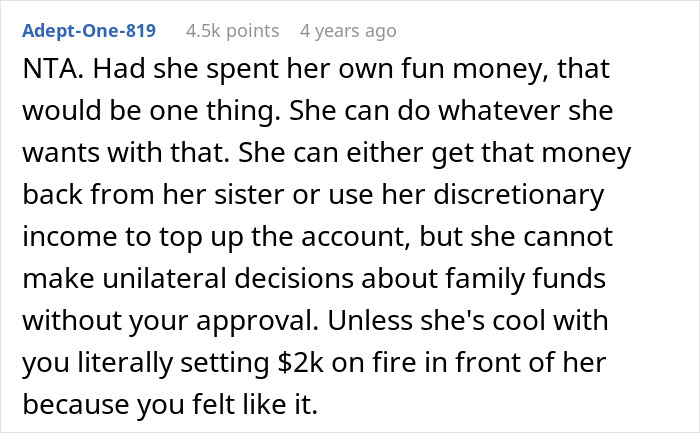 Screenshot of an online discussion about a man discovering his wife sent $2K to sister&rsquo;s pyramid scheme and giving an ultimatum.