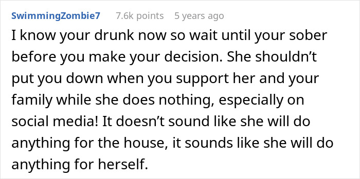 Comment by user SwimmingZombie7 expressing frustration about wife and family support, with focus on social media behavior.