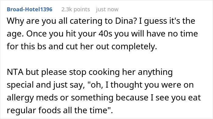 Comment discussing a picky eater who claims allergies but is caught eating regular food frequently.