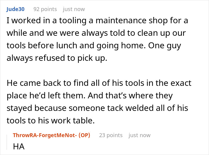 Lazy guy steals coworker&rsquo;s ladder, she takes revenge by nailing his tools to the floor in workshop dispute.