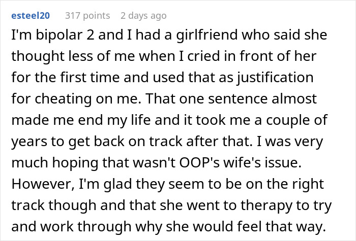 Man Praises Wife For Accepting Him When He Cries, Learns That She Loses Romantic Feelings Each Time Man Praises Wife For Accepting Him When He Cries, Learns That She Loses Romantic Feelings Each Time