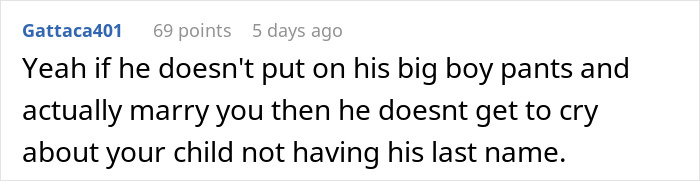 Comment about woman refusing ring and last name for 9 years, new dad shocked she gives baby her last name instead.