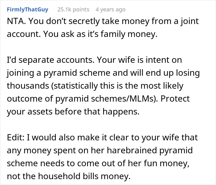 Comment warning about wife secretly sending money to sister&rsquo;s pyramid scheme and advising to protect assets and separate accounts.