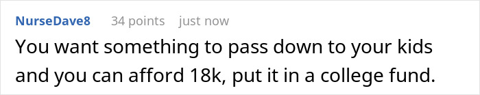 Comment text on a white background discussing an $18,000 price tag and advice to put it in a college fund.