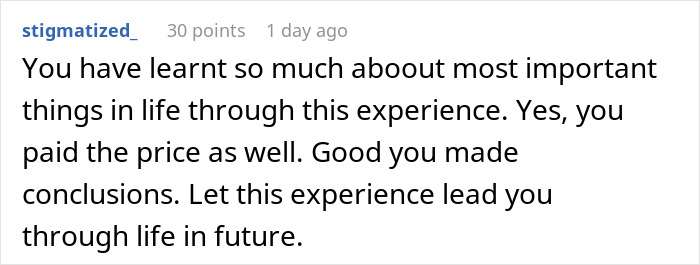 Reddit comment reflecting on life lessons learned from the experience of men abandoning partners during outdoor activities.