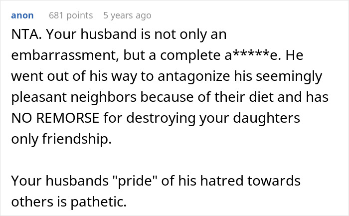 Screenshot of a forum comment criticizing a vegan-hating husband for ruining his daughter's only friendship.