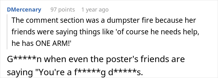 Screenshot of a Reddit comment discussion about a guy with one arm needing help cutting vegetables and related opinions.