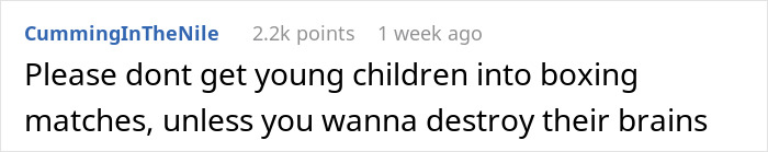 Screenshot of a Reddit comment advising against involving young children in boxing matches to protect their brains.