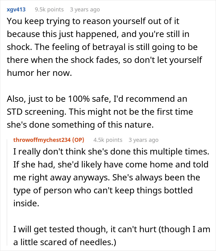 Screenshot of Reddit comments discussing a woman admitting to cheating multiple times and related trust issues.