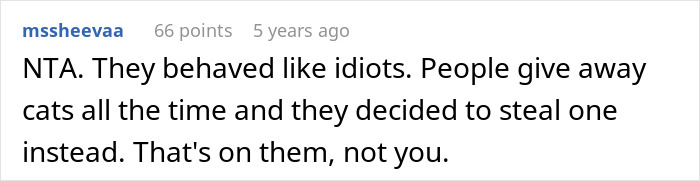 Comment discussing neighbors stealing a cat and defending a woman calling out the theft to her sheriff dad.