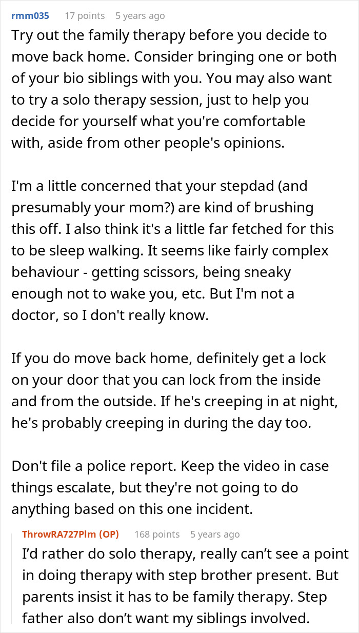 Reddit advice discussing creepy teen behavior involving cutting step-sister's hair and parents downplaying the situation.