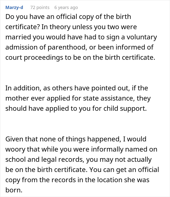 Comment discussing birth certificate and legal records related to child support and single man's legal father status. Comment discussing birth certificate and legal records related to child support and single man's legal father status.