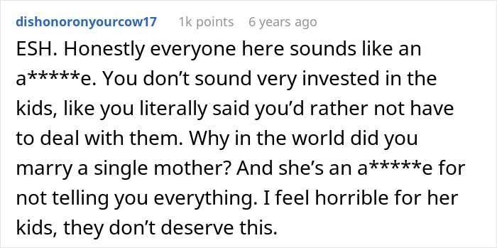 Reddit comment discussing a man refusing to adopt wife&rsquo;s kids after discovering secrets about their father.