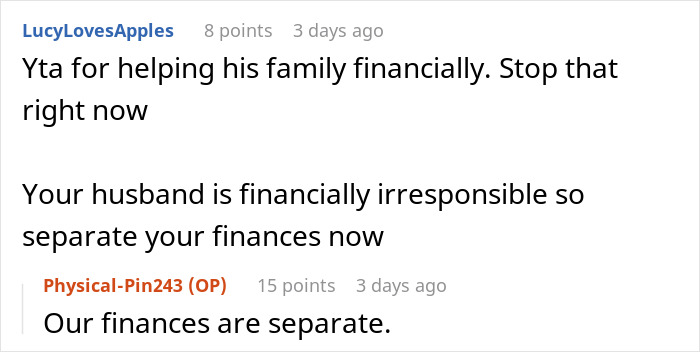 Reddit conversation screenshot discussing woman confronting husband's entitled family over finances and job status. Reddit conversation screenshot discussing woman confronting husband's entitled family over finances and job status.
