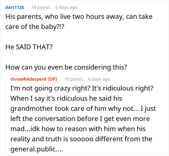 Screenshot of an online discussion where a man uses excuses to avoid parenting responsibilities, frustrating his wife.