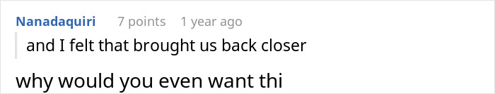 Text conversation showing a comment about feeling closer, related to wife seeing hubby without shirt and bestie naked.