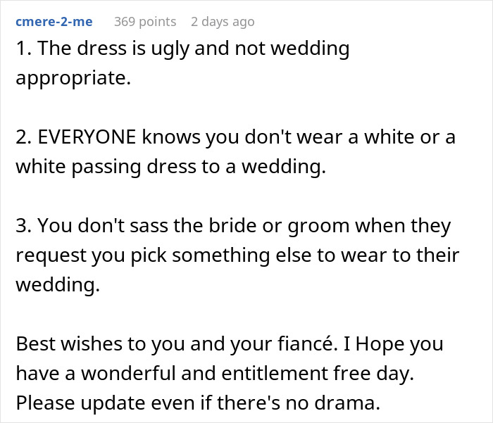Discussion about woman wanting to wear white dress to wedding and being told it's a yellow dress instead.