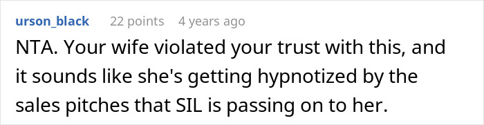 Comment on Reddit discussing a man discovering wife secretly sent $2K to sister&rsquo;s pyramid scheme and trust issues arising.