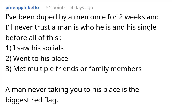 Text post from user pineapplebello sharing experience of being duped by a man highlighting relationship red flags.