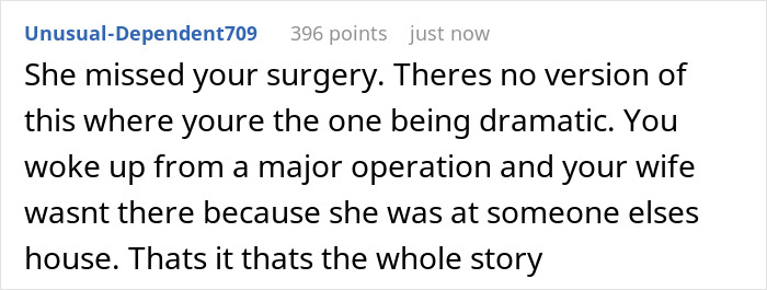 Reddit comment discussing a wife missing her husband's surgery to support a coworker going through divorce.