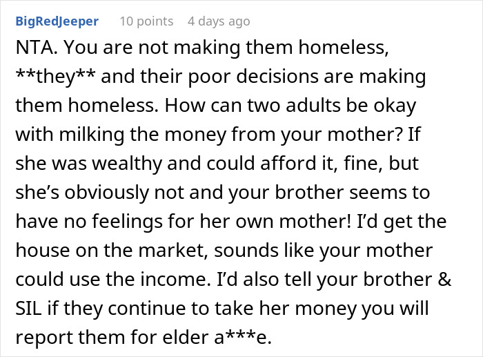 Comment discussing family expecting grandma to support them financially while wife stays a stay-at-home mom.
