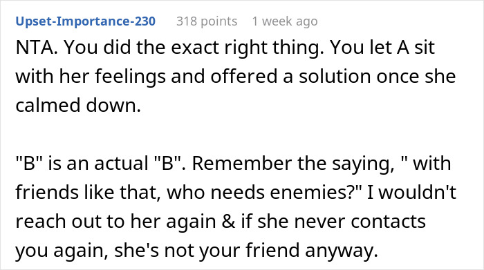 Text comment from upset-importance-230 advising on handling a best-friend-fight-mom situation with calm and clear boundaries.