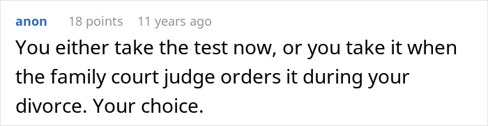 Comment discussing the urgency of a secret paternity test for a newborn baby before legal intervention in divorce.