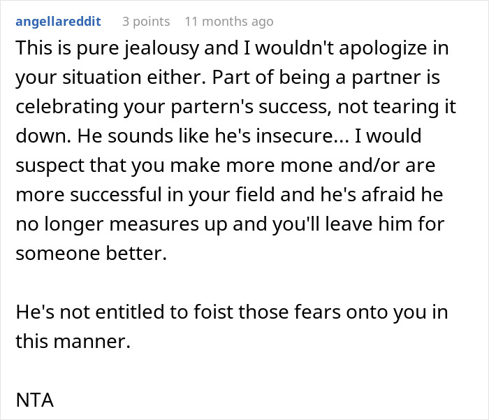 Comment discussing jealousy and insecurity as a man dismisses girlfriend&rsquo;s career milestone, accusing her unfairly of success.