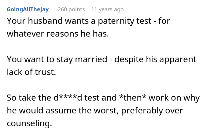 Screenshot of a Reddit comment discussing a husband wanting a secret paternity test for a newborn baby.