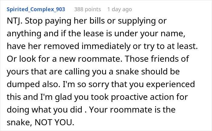 Comment advising to stop paying bills or supplying for a problematic roommate in an emailing roommates boss stole portfolio context.