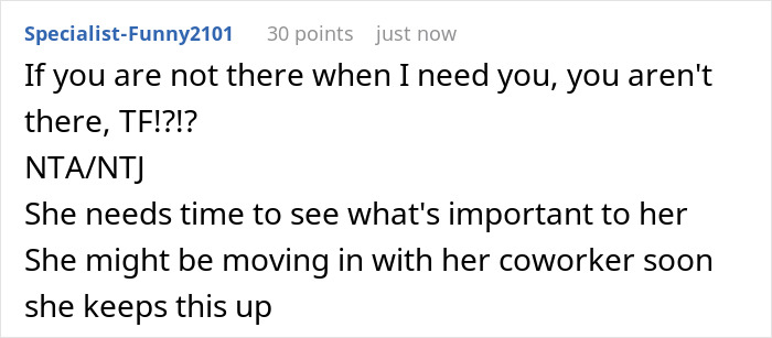 Comment discussing a wife missing hubby&rsquo;s surgery to support coworker during divorce, prompting him to leave.
