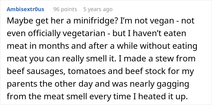 Comment about vegan teen cooking meat to teach a lesson on wasting food, discussing challenges with meat smell.