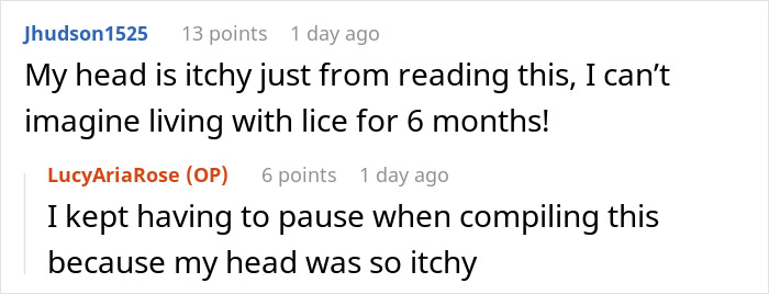 Reddit comments discussing the struggle of living with lice and the impact of a drastic no whoopee ultimatum.