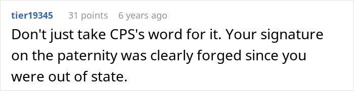 Comment text about signature forgery in paternity case, highlighting impact on single man’s life after child services call. Comment text about signature forgery in paternity case, highlighting impact on single man’s life after child services call.