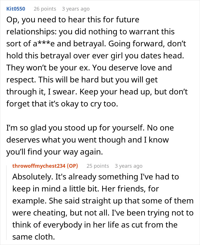 Text conversation discussing coping with cheating and betrayal in relationships after a woman admits to cheating multiple times.