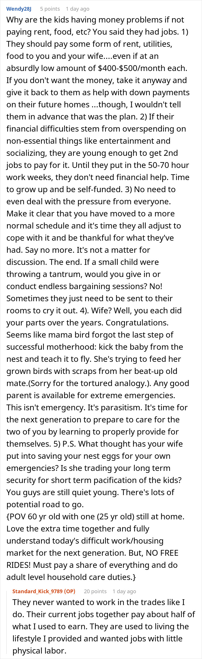 Comment discussion about adult kids lacking luxury cars and a husband telling homemaker to get a job.