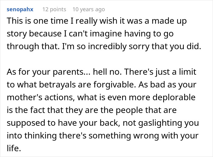 Comment expressing sympathy for woman who cuts off parents after catching mom with fianc&eacute;, highlighting betrayal and gaslighting issues.