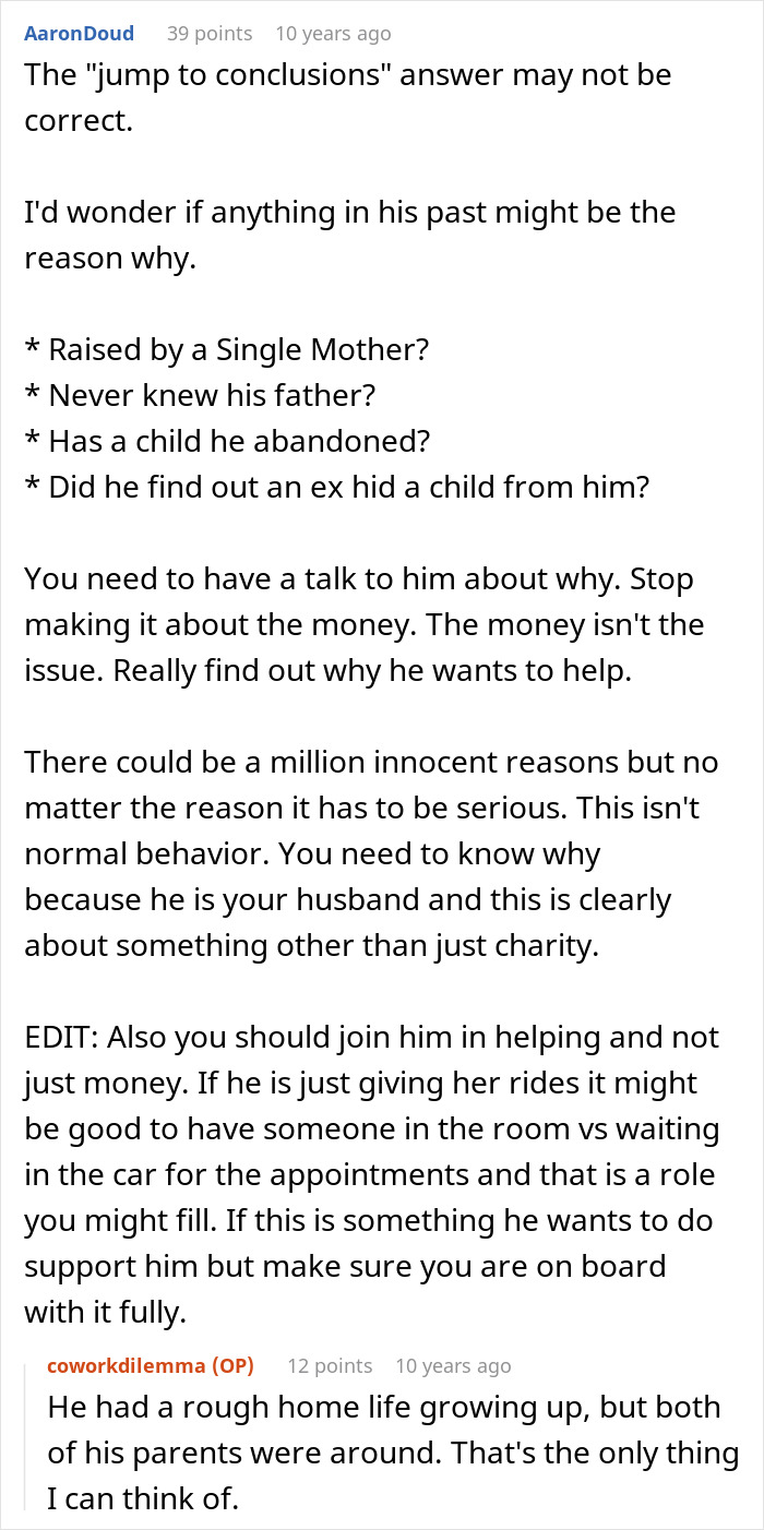 Text post discussing a man helping pregnant coworker with underlying personal reasons revealed by his wife.