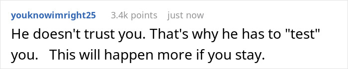 User comment discussing distrust and relationship loyalty tests, expressing concern about repeated testing behavior.