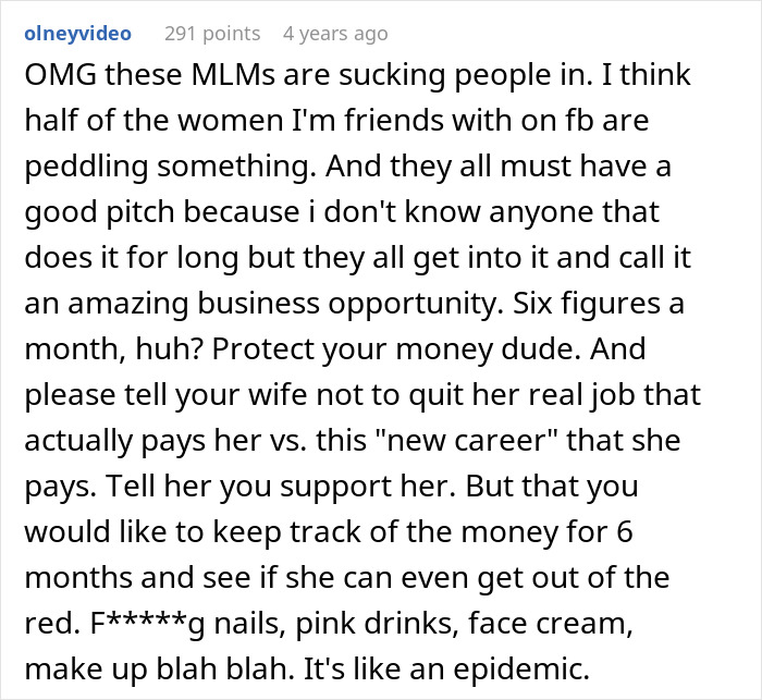 Comment discussing MLMs, warning to protect money, and advising caution about pyramid scheme involvement.
